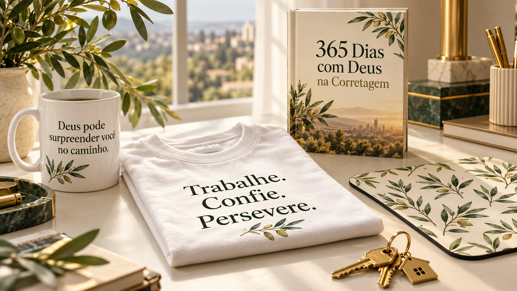 Prévia ilustrativa da coleção: caneca, camiseta, mouse pad e livro